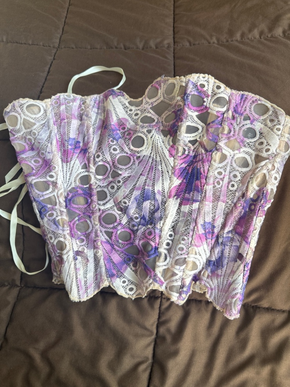 PrettyLittleThing Ivory Lace Corset Top with Purple Floral Print